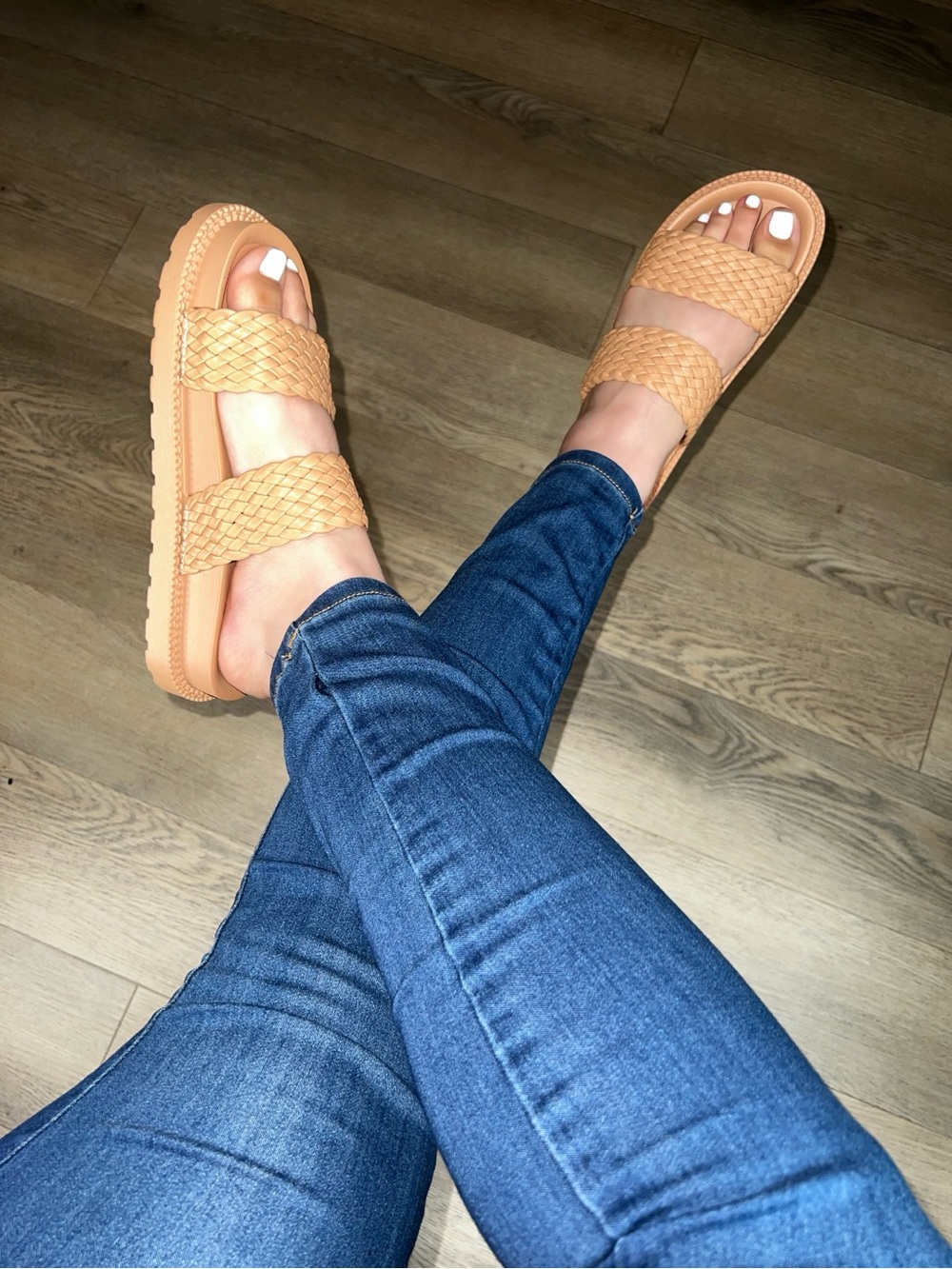 Woven Double-Strap Slide Sandals - Tan